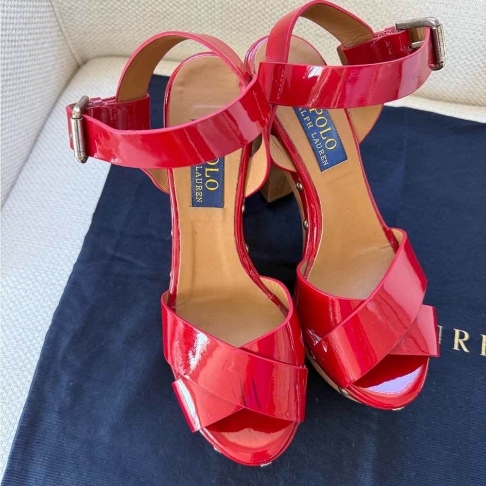 POLO Ralph Lauren Red Patent Wood Platform Sandal